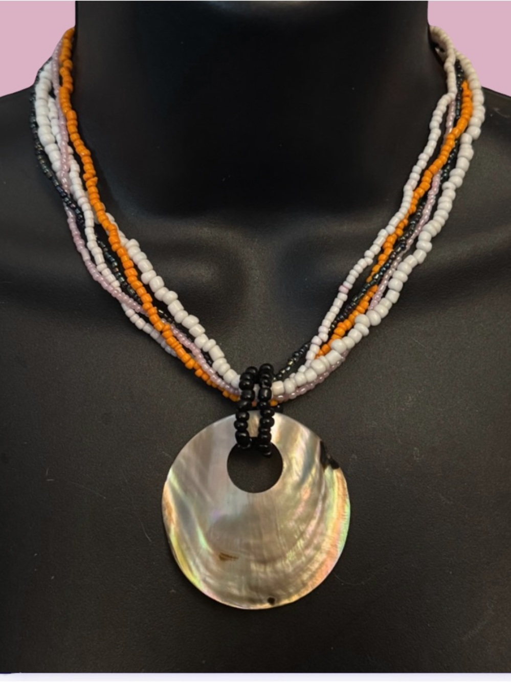 Multi strand seed bead mother of pearl shell pendant necklace